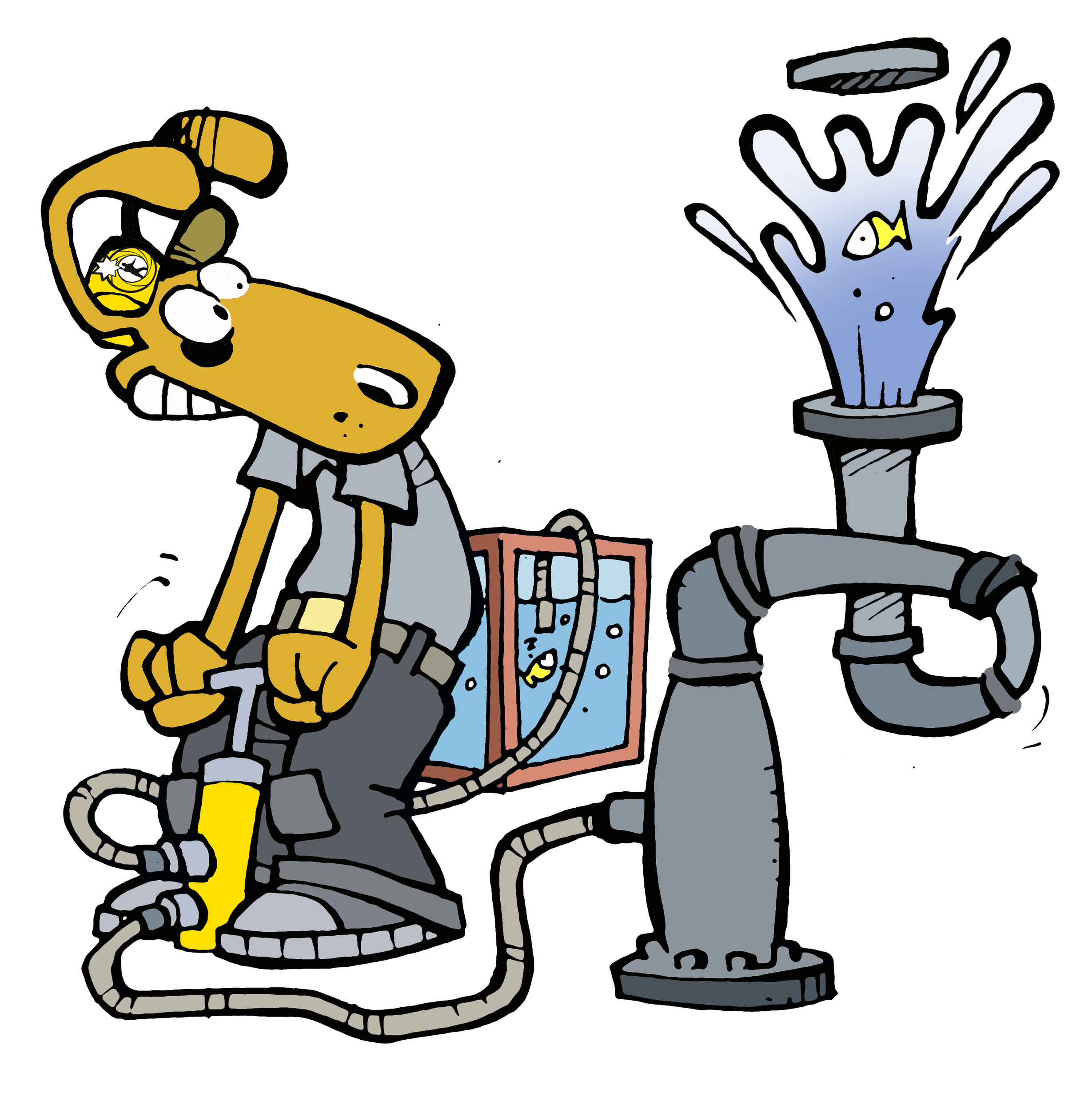 Eine Cartoon-Zeichnung von einer Person, die Wasser durch ein Rohr pumpt