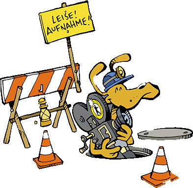 Eine Cartoon-Zeichnung von einer Person, die mit einer Kamera in ein Rohr schaut